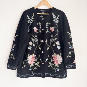 Carole Little Black Wool Floral Embroidered Mother of Pearl Button Cardigan 2X
